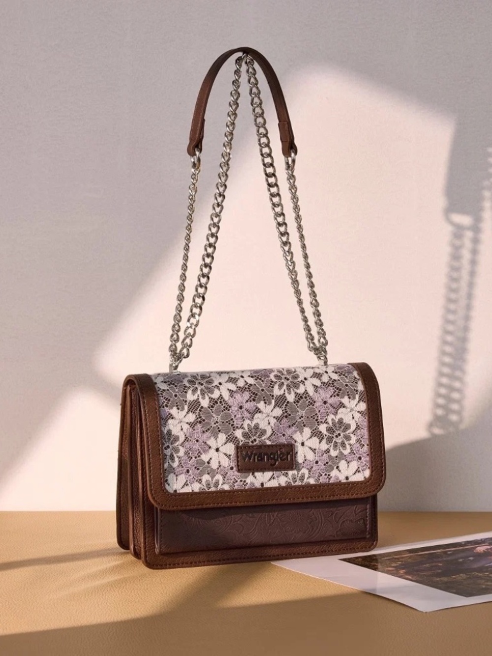 Wrangler Chic Lace Chain Shoulder Bag Coffee